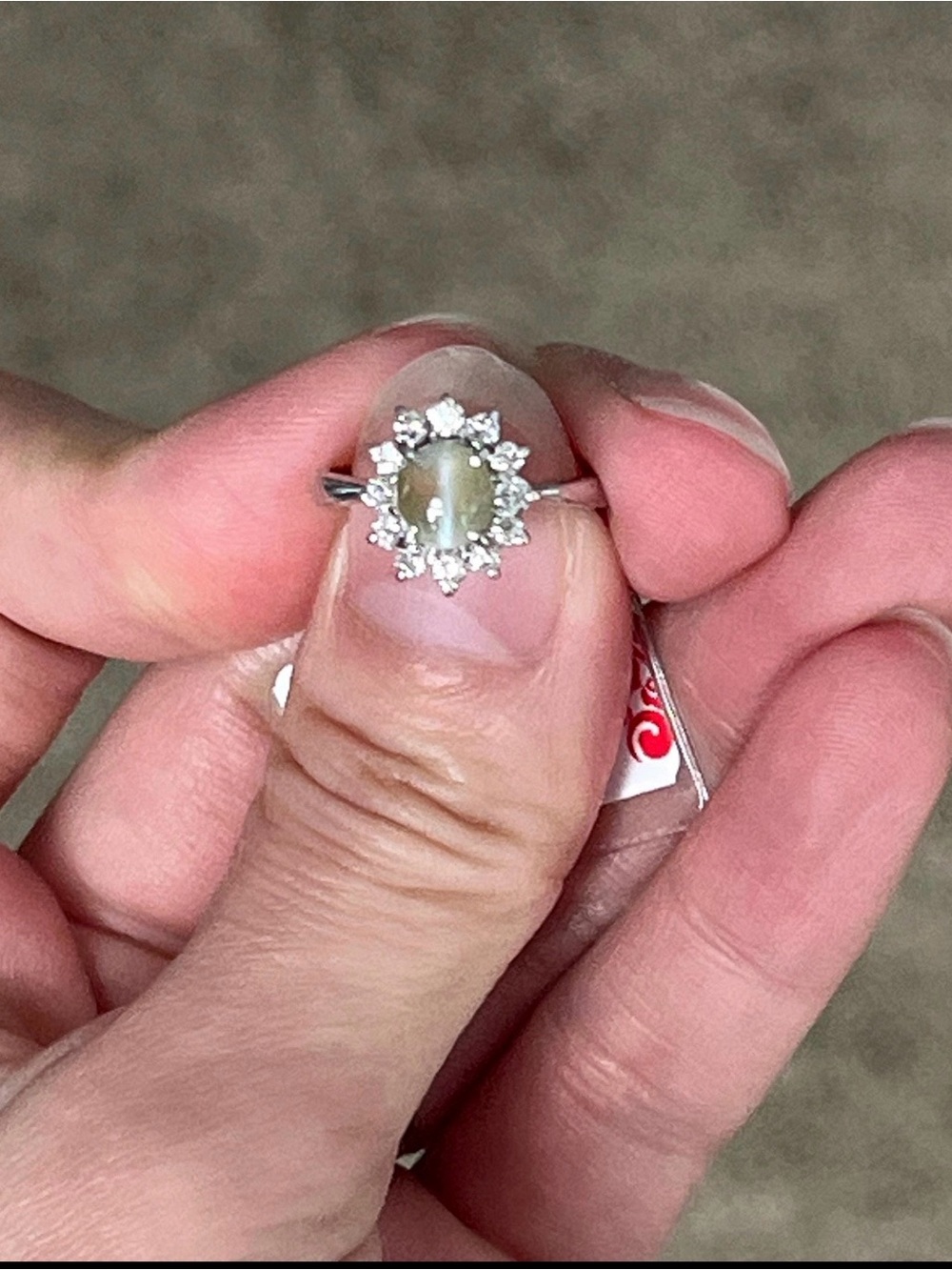 Sterling Silver Oval Cat's Eye Halo Ring in Cream